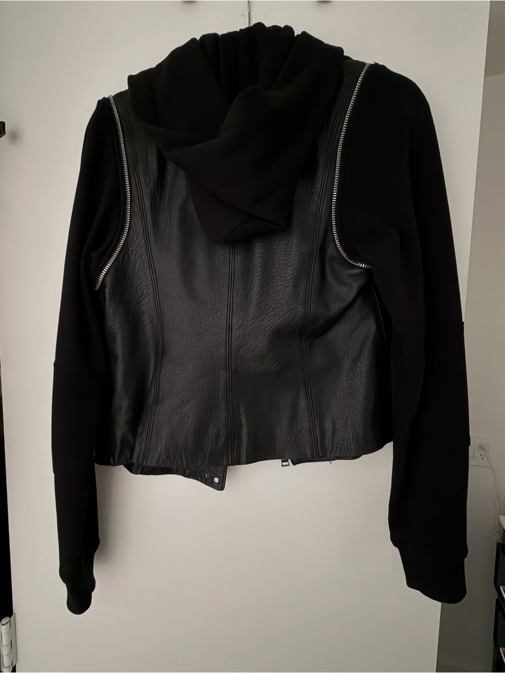 Vince Black Leather Moto Jacket with Hooded Knit Sleeves - Picture 6 of 9